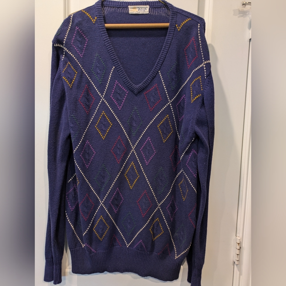 Pringle of Scotland Blue Argyle V-Neck Sweater Cotton Knit Size L Vintage